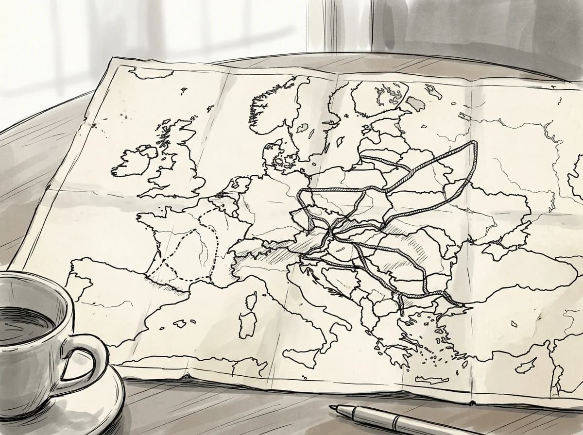Sketch of a European travel map showing two route options traced across country borders