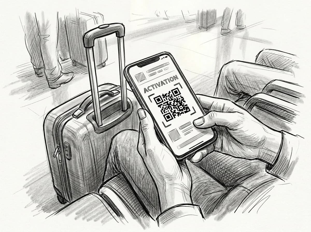 Hands hold a smartphone showing a QR code activation screen in an airport departure lounge