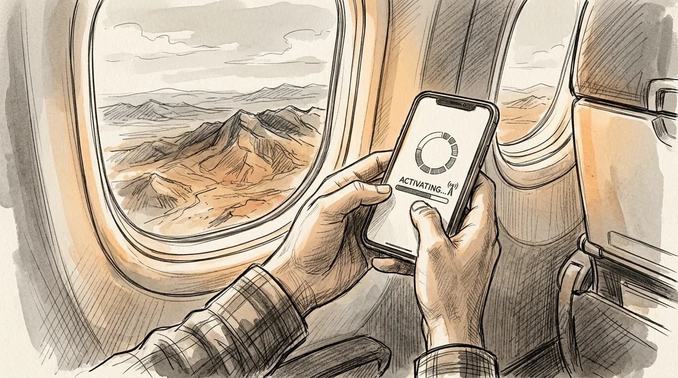 Hands activate an eSIM on a smartphone above arid mountain landscape viewed through airplane window