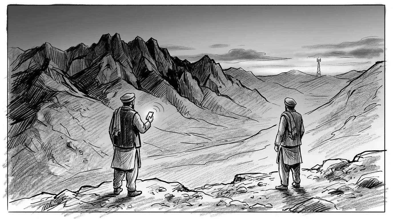 Sketch of traveler holding smartphone toward cell tower across rugged Afghan mountain terrain