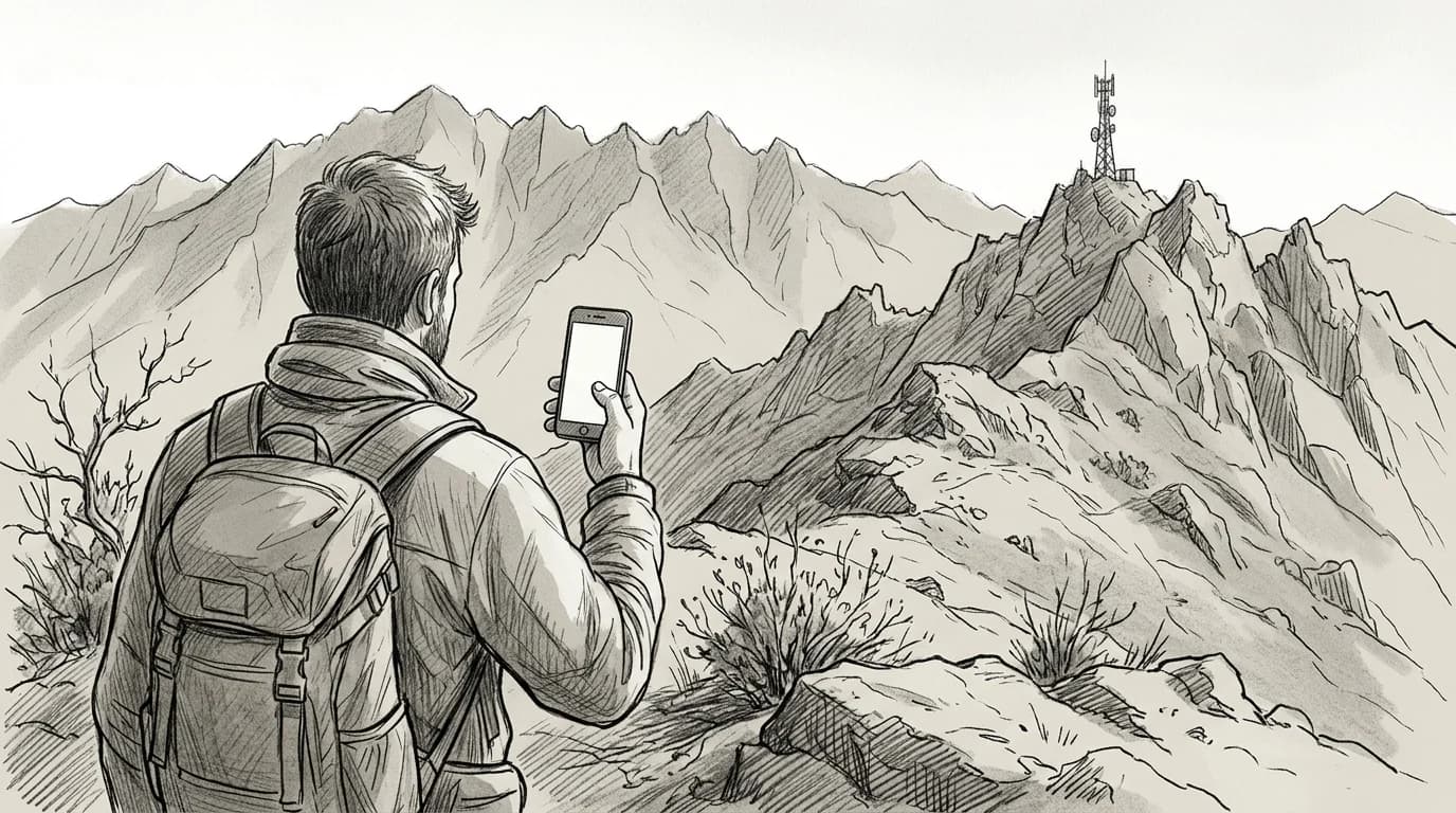 Traveler stands at a mountain pass checking a phone with no signal against a vast ridgeline
