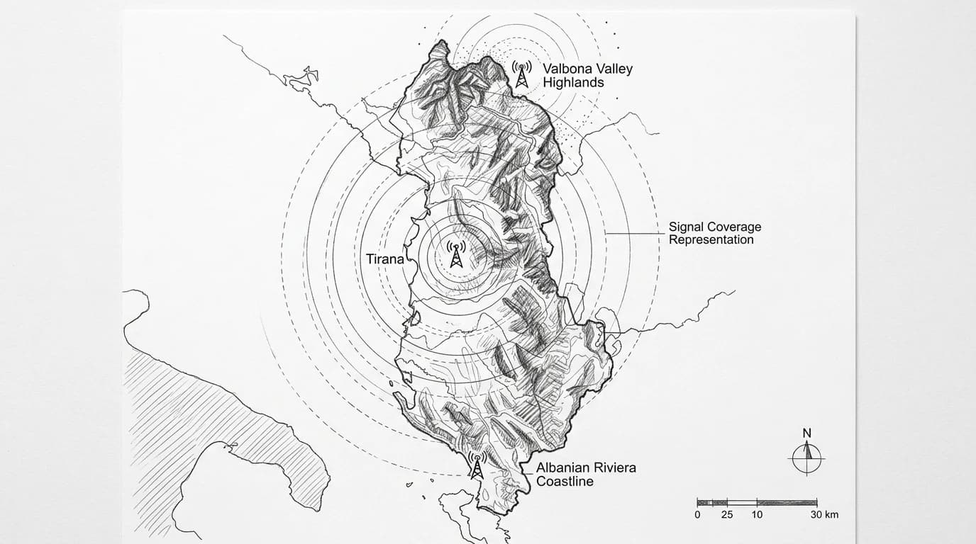 Sketch map of Albania showing mobile network coverage across Tirana, coastline, and highland regions