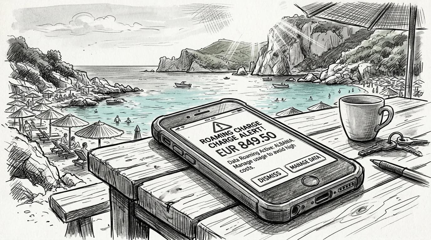 Sketch of a phone showing a roaming charge alert on an Albanian Riviera beach table