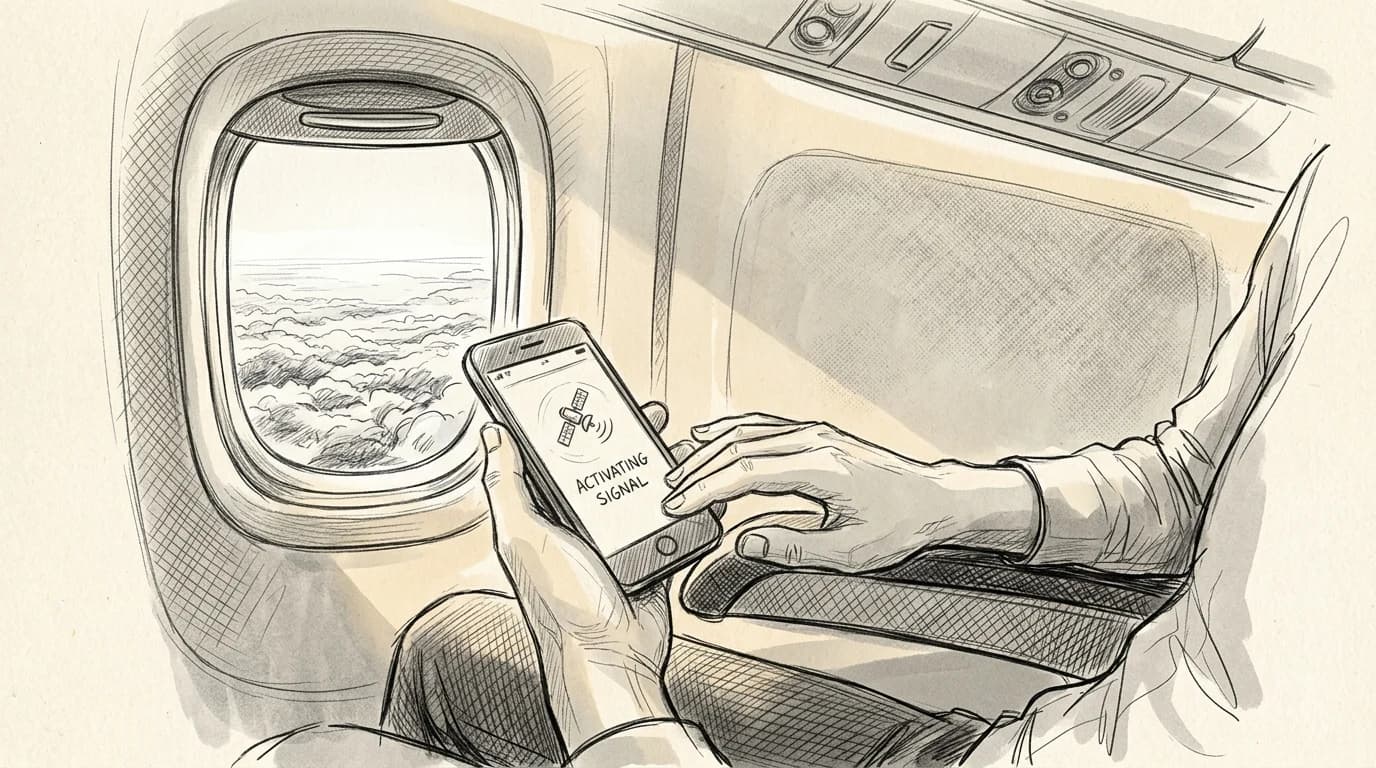 Sketch of hands activating an eSIM on a smartphone during a flight approaching Tirana