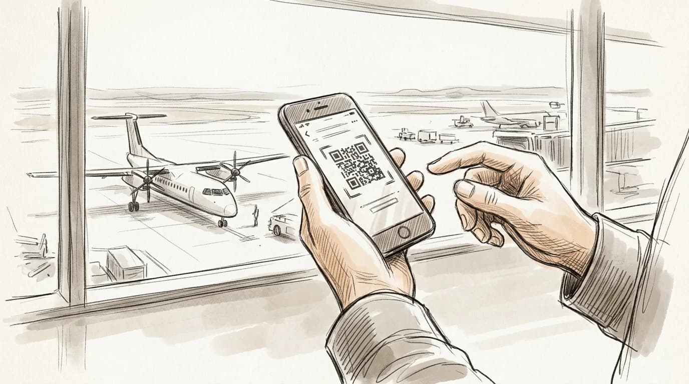 Hands hold a smartphone showing an eSIM activation QR code at an airport departure gate