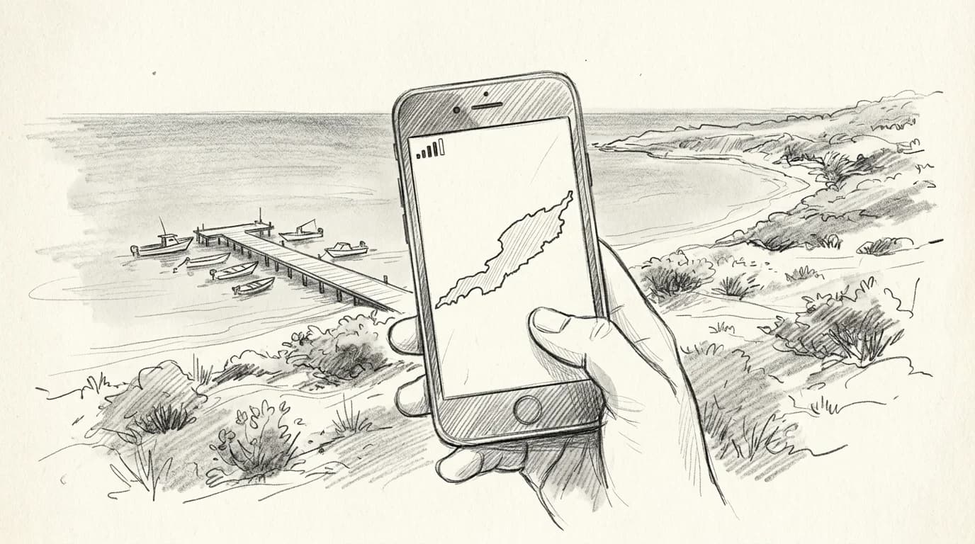 Sketch of a phone showing signal bars over a hand-drawn map of Anguilla's coastline