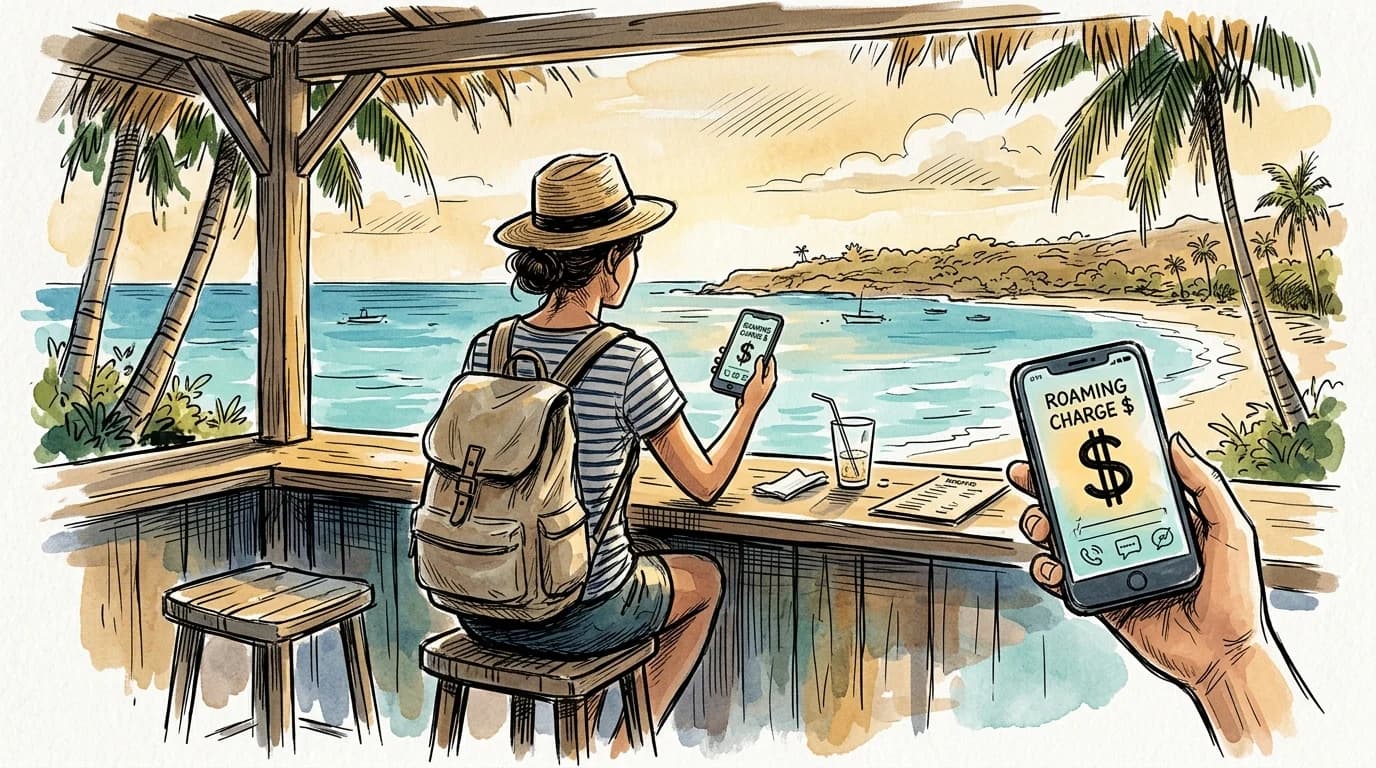 Traveler at Anguilla beach bar reacts to a roaming charge alert on their smartphone