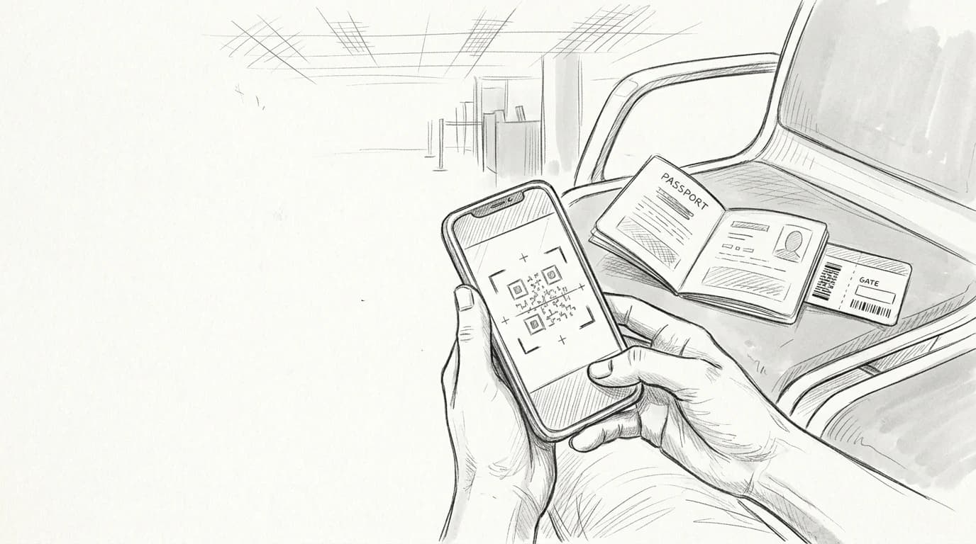 Hands scan an eSIM QR code on a smartphone beside a passport in an airport departure lounge