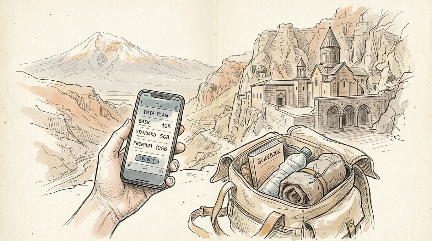 Sketch of a phone displaying data plan options with Mount Ararat silhouette in the background