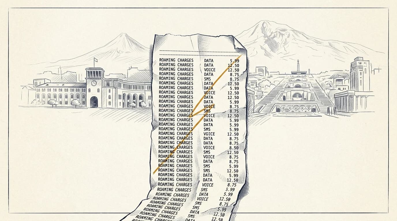 Sketched roaming bill receipt overflowing in front of the Yerevan skyline silhouette