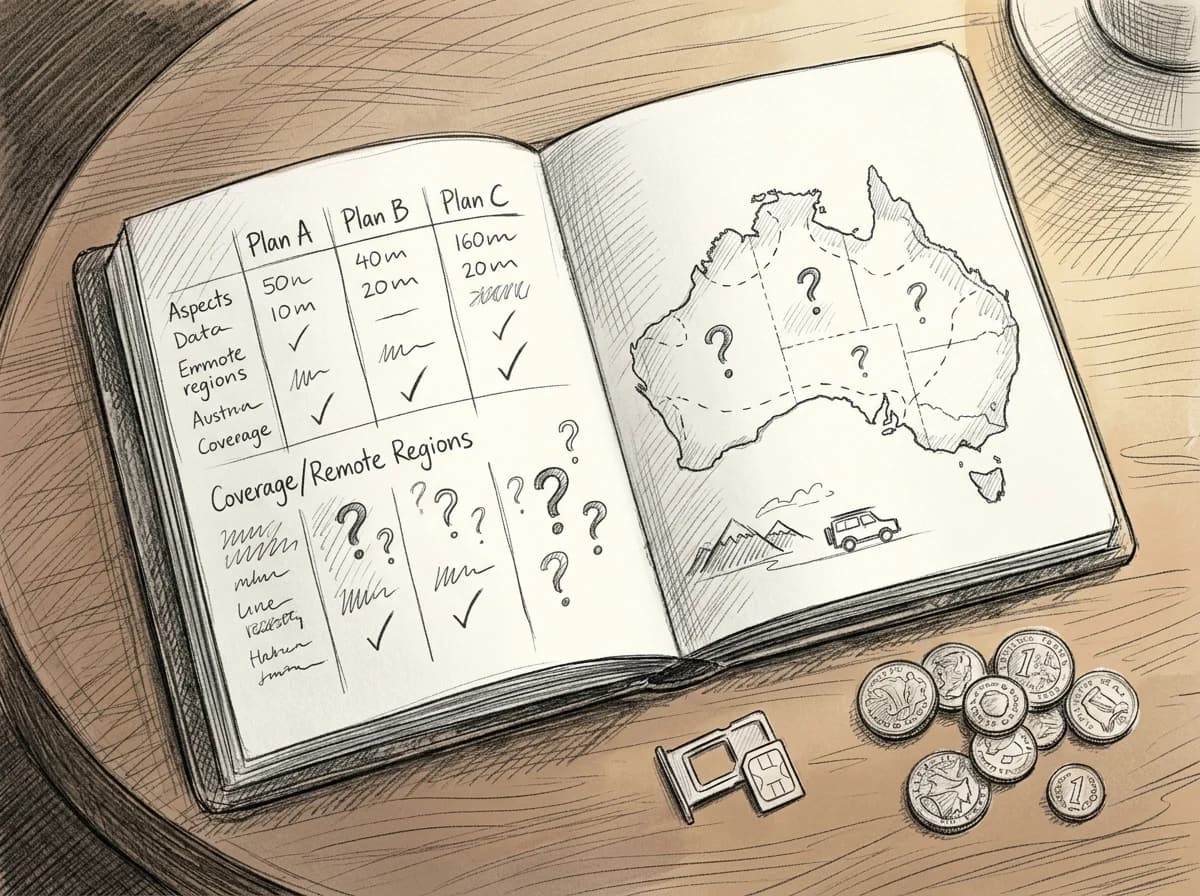 Hand-drawn notebook comparing Australian eSIM plan prices alongside a rough map of Australia