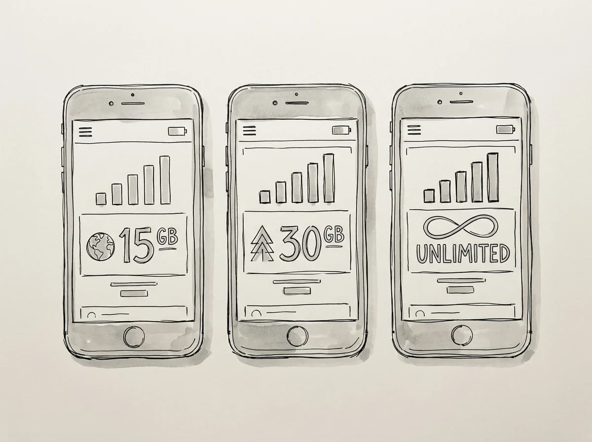 Three smartphones side by side showing competing eSIM plan interfaces for Australia comparison