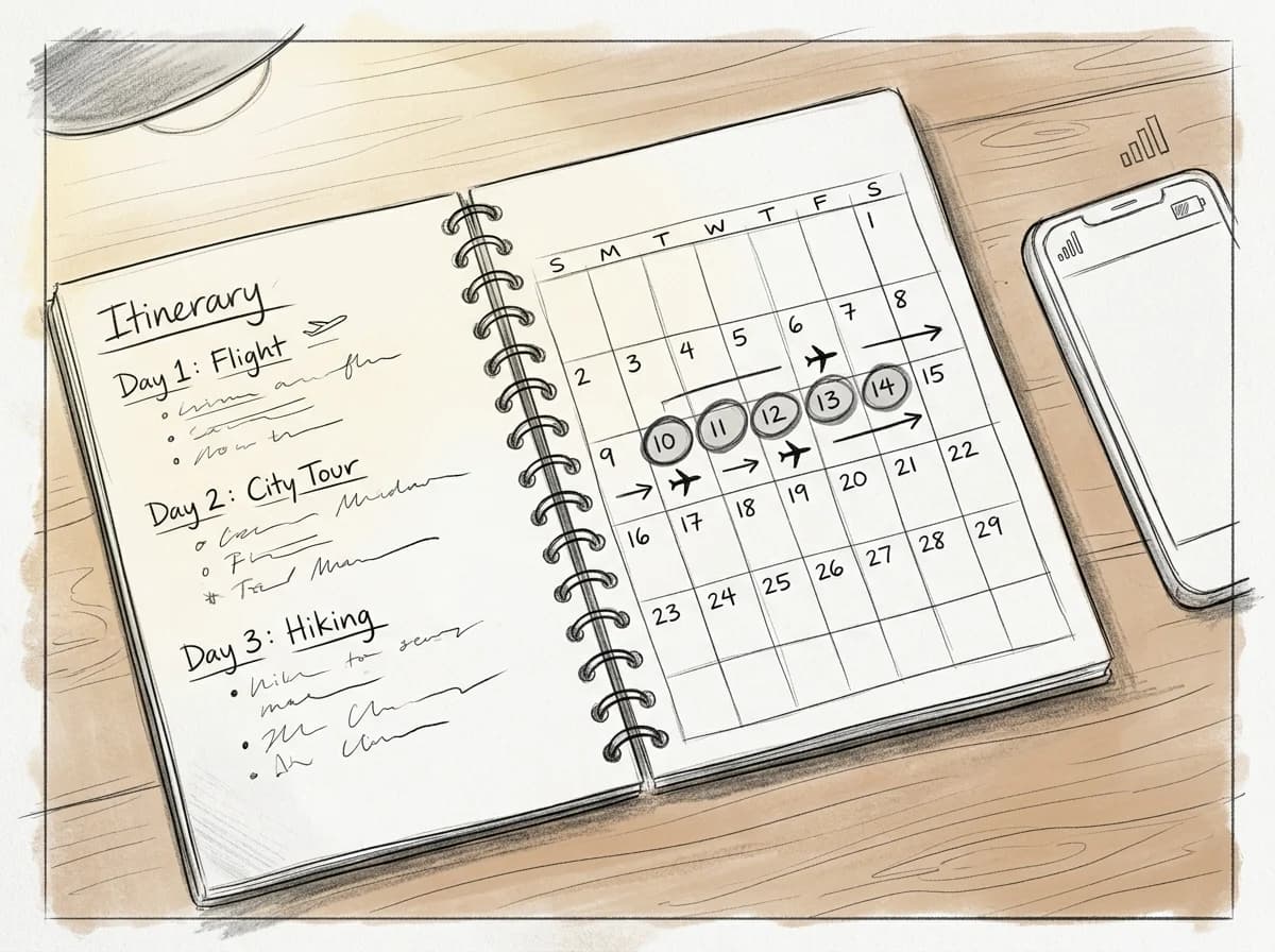 Hand-drawn calendar with circled travel dates beside a sketched mobile phone showing signal bars