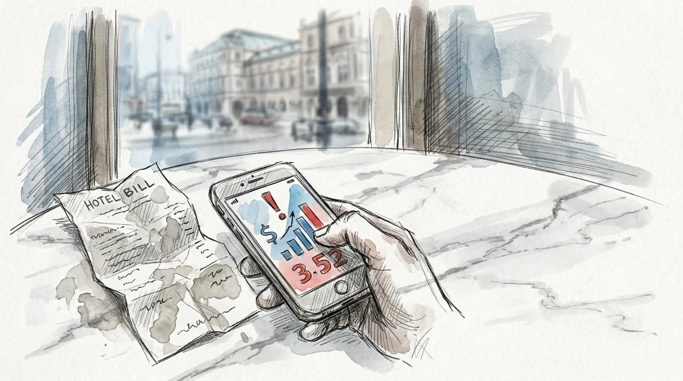 Crumpled roaming bill beside a phone showing excessive charges at a Viennese café table
