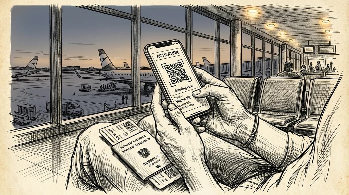 Hands activate an eSIM on a smartphone beside a boarding pass at an airport departure gate
