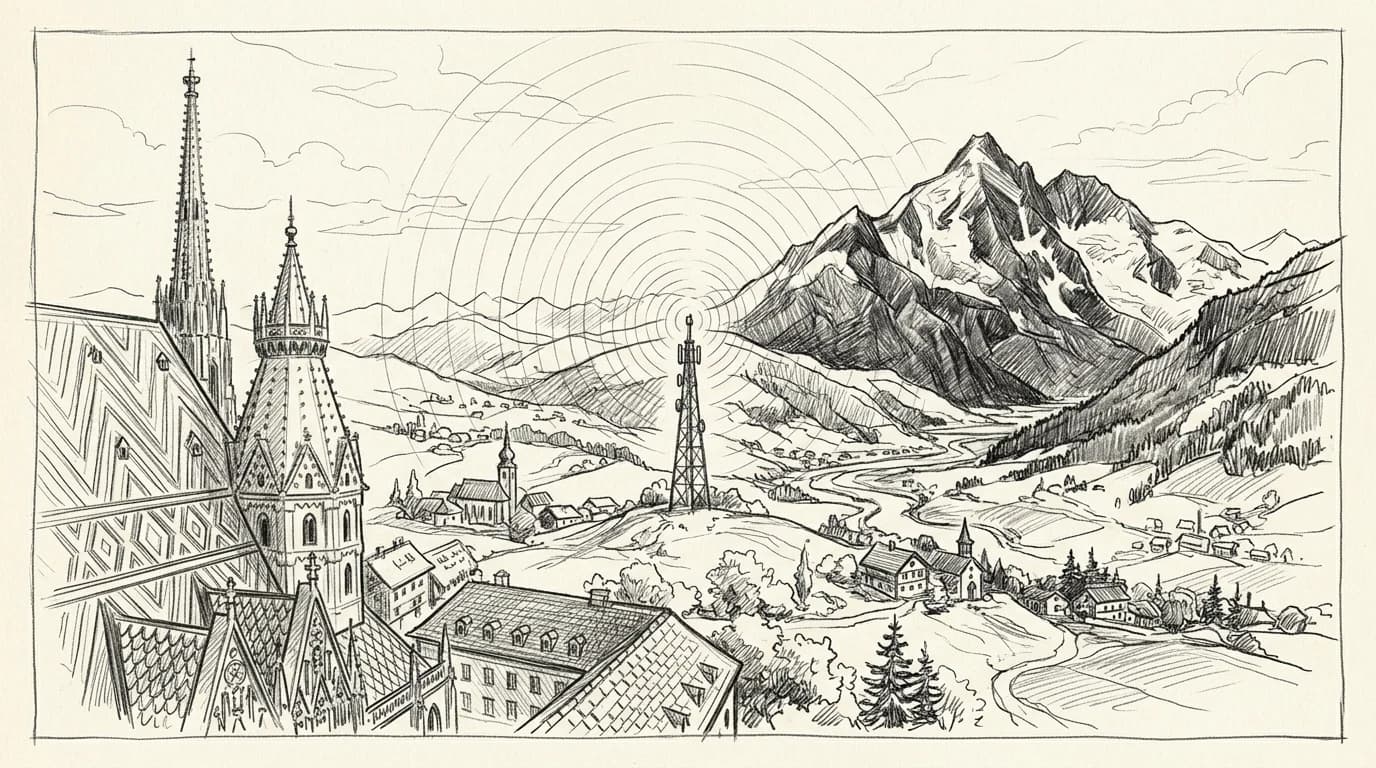 Pencil sketch of Austrian Alps and Vienna cathedral with signal wave lines from a cell tower