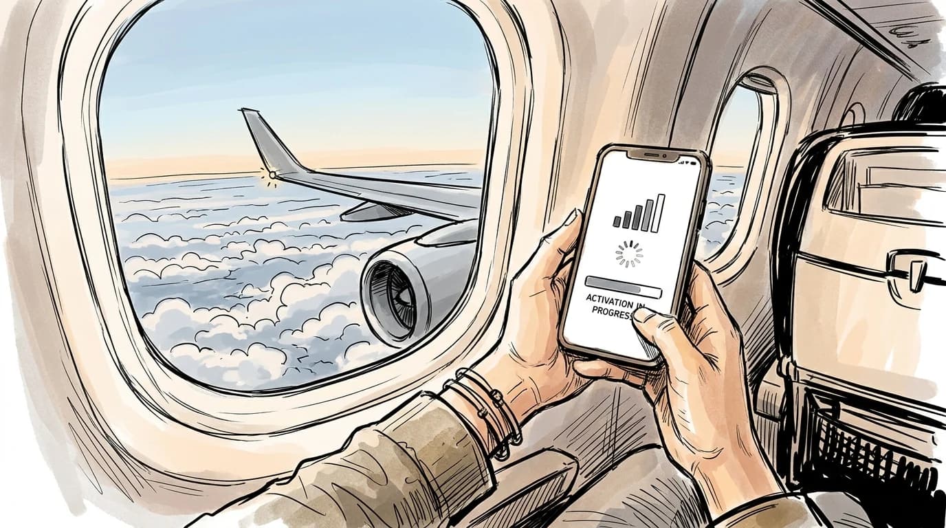 Hands hold a phone showing eSIM activation screen beside an airplane window mid-flight