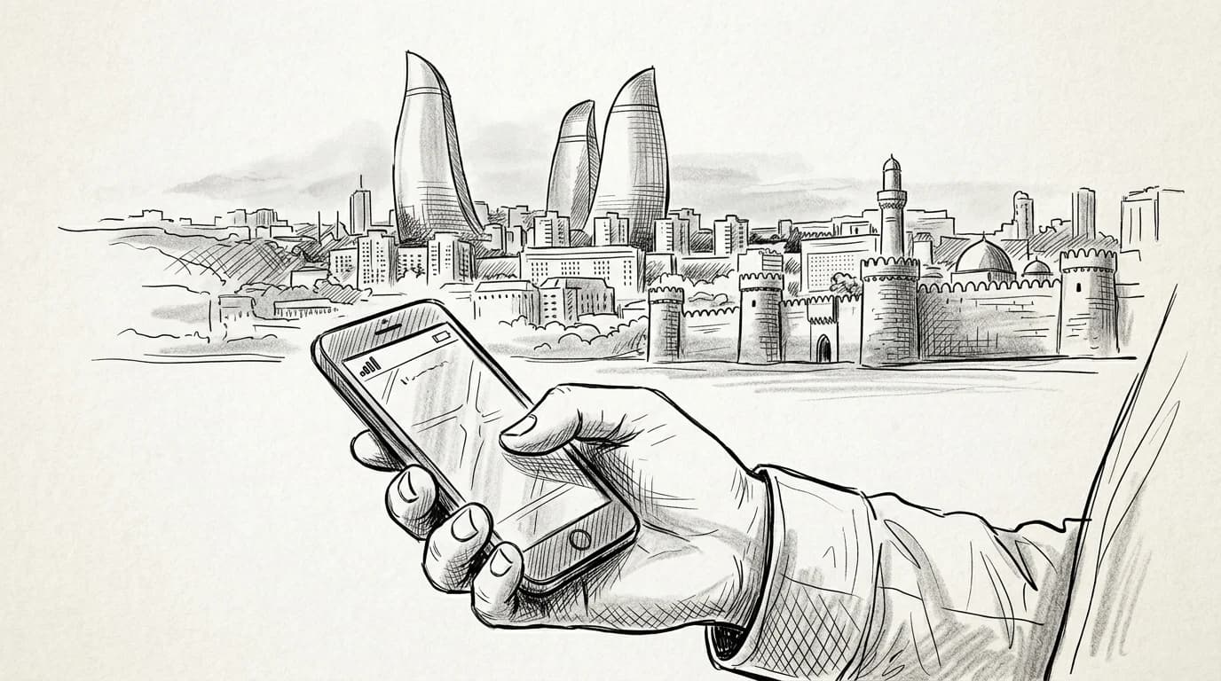 Sketch of a hand holding a phone with signal bars against Baku's Flame Towers skyline