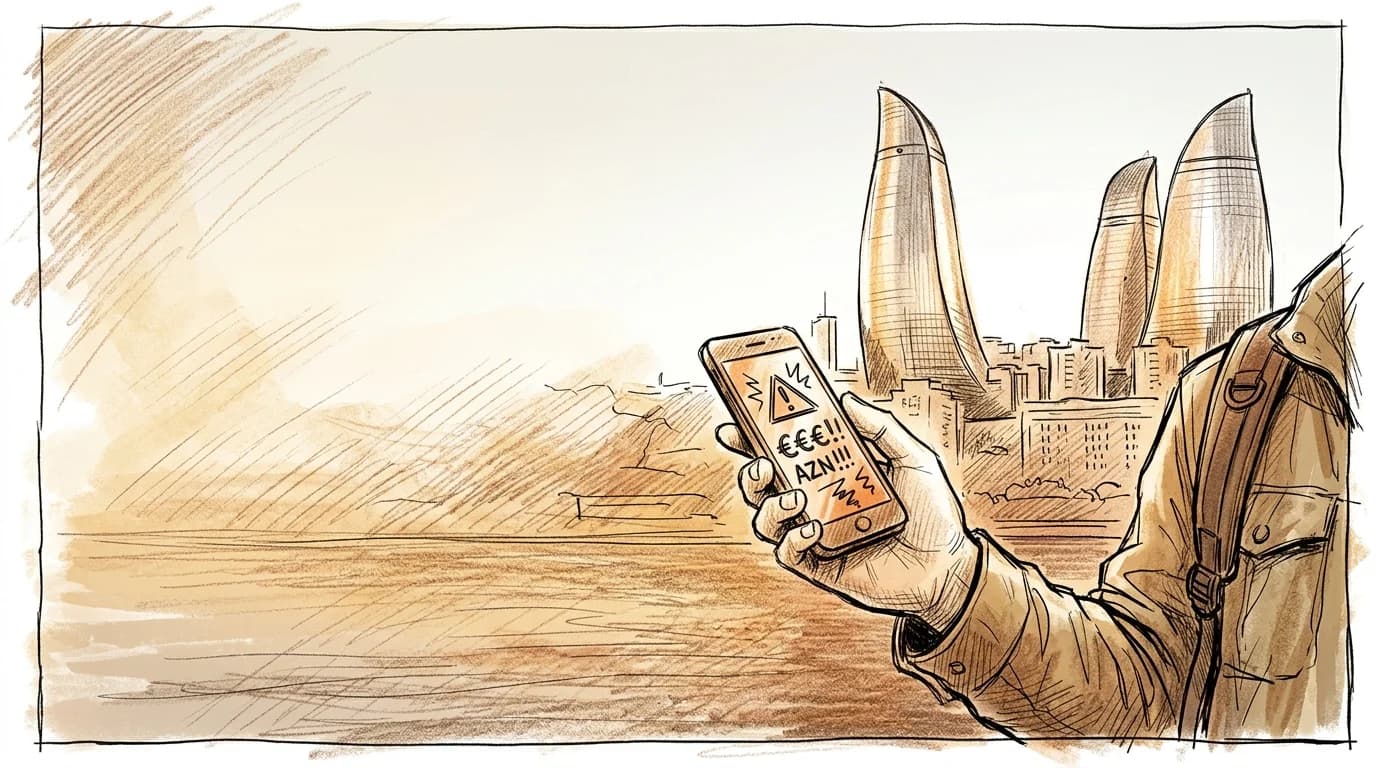 Sketch of a phone showing a high roaming bill with Baku's Flame Towers silhouetted behind