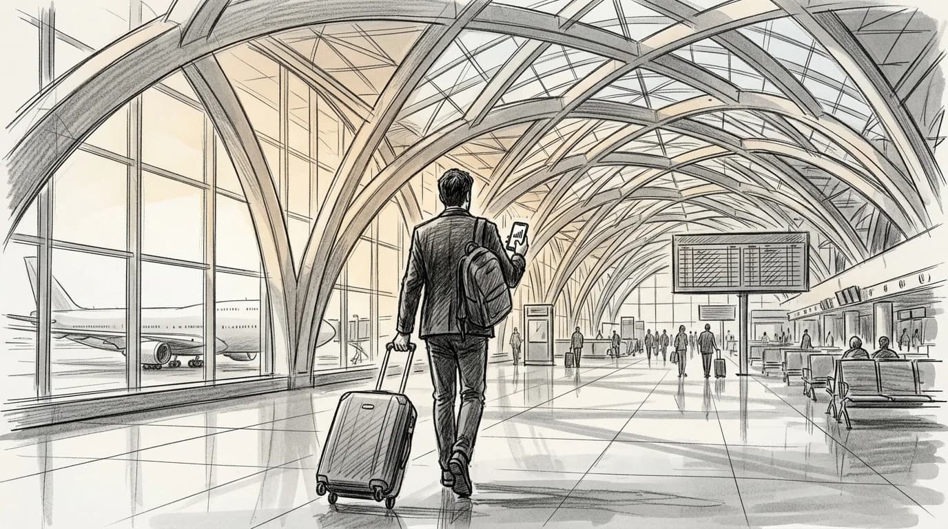 Business traveler with carry-on passes through a modern Gulf airport terminal holding a phone
