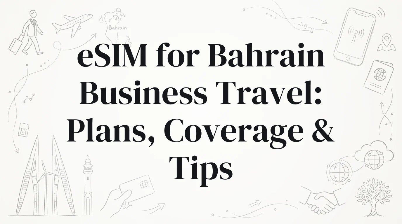 Hand-drawn travel doodles illustrating esim for bahrain business travel