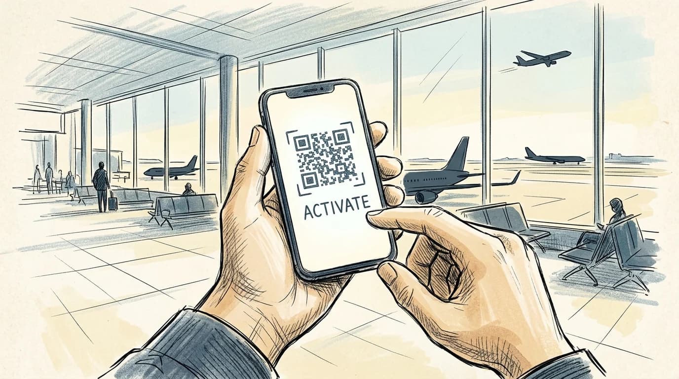 Hands hold a smartphone showing eSIM activation QR screen in an airport departure lounge