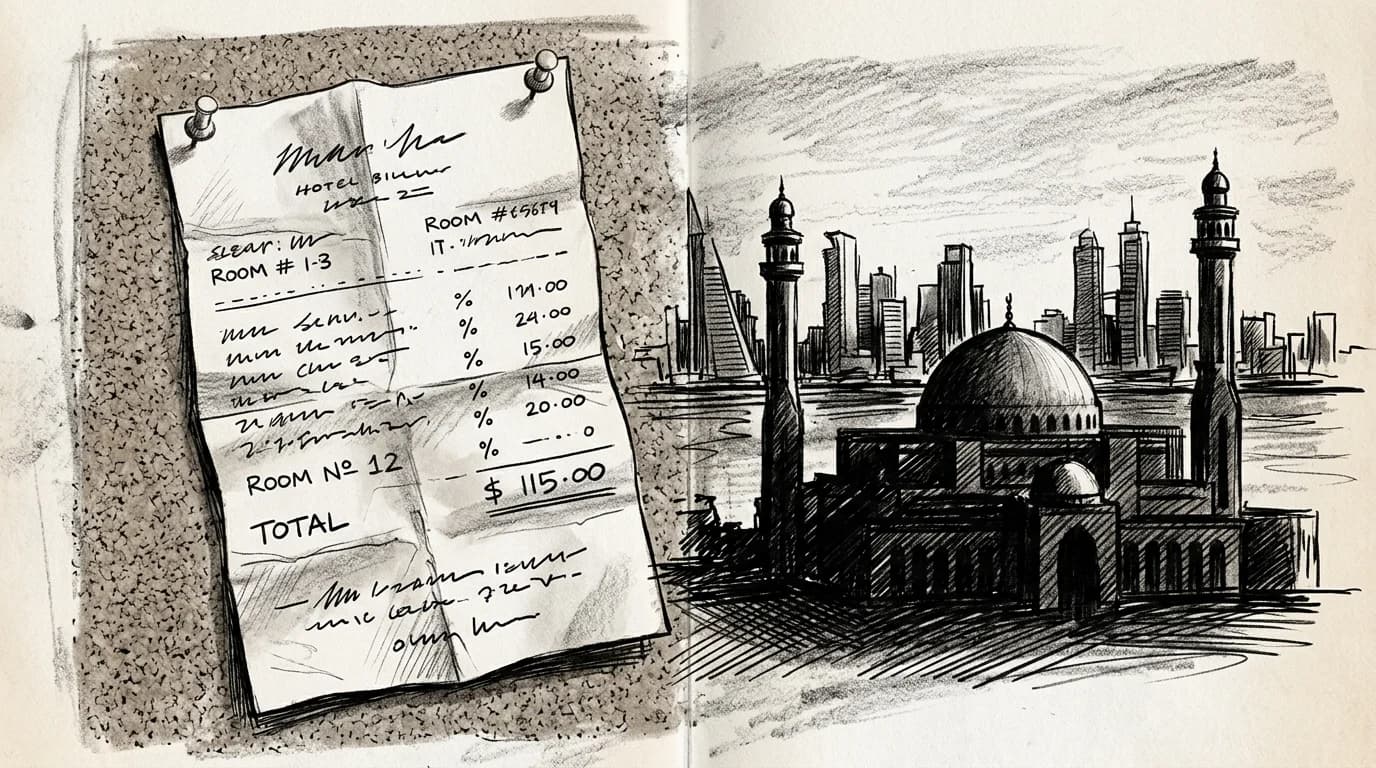 Sketched Manama skyline beside a crumpled roaming charges receipt pinned to a board