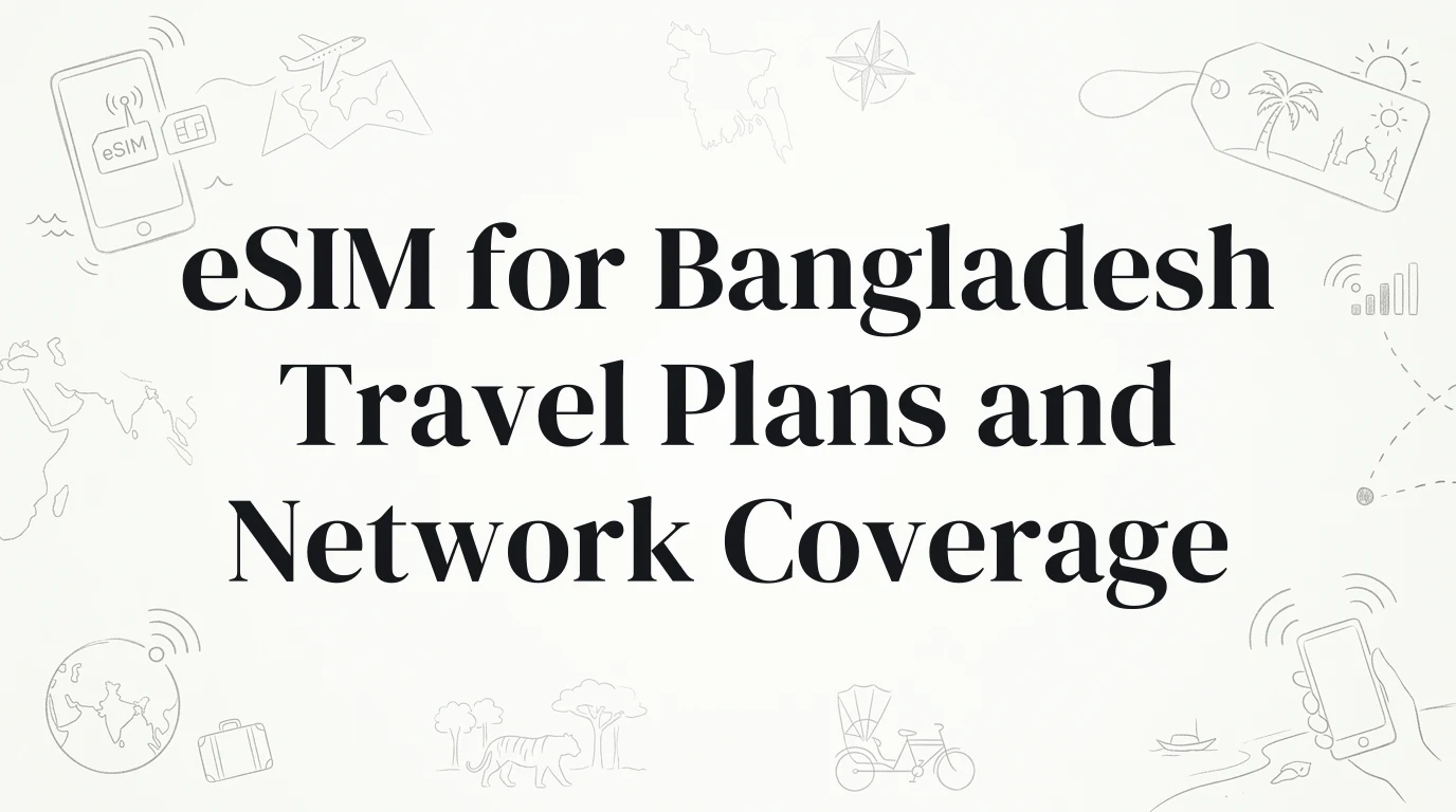 Hand-drawn travel doodles illustrating esim for bangladesh travel plans and network coverage