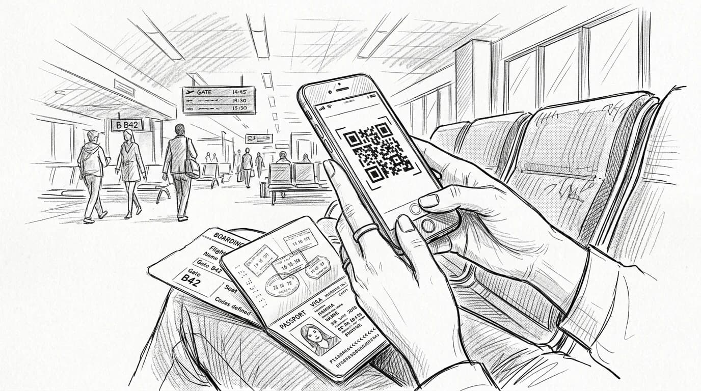 Hands hold a phone showing a QR code beside a passport and boarding pass at an airport gate