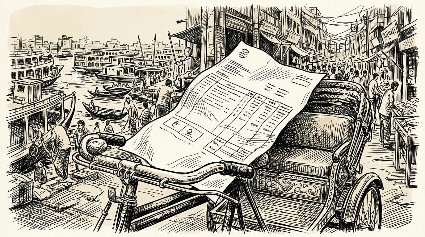 Illustrated roaming bill hanging from a Dhaka rickshaw handlebar against a crowded riverfront street