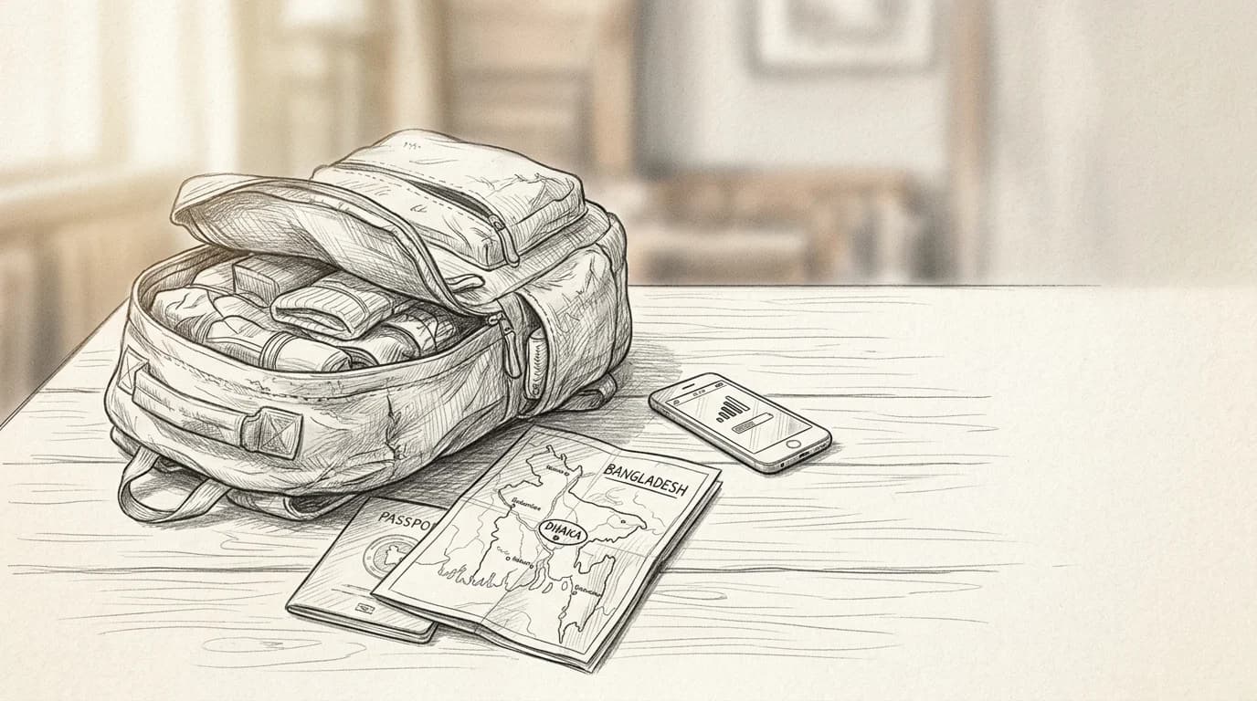 Sketch of travel backpack, smartphone with signal bars, and Bangladesh map on a desk