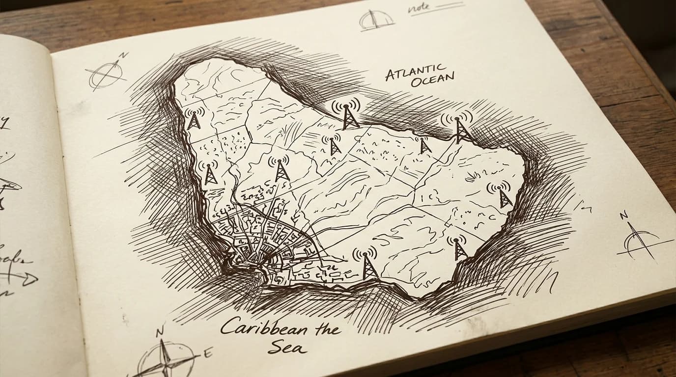Hand-drawn sketch map of Barbados showing carrier signal tower distribution across the island
