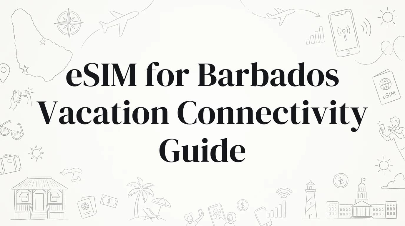 Hand-drawn travel doodles illustrating esim for barbados vacation connectivity guide