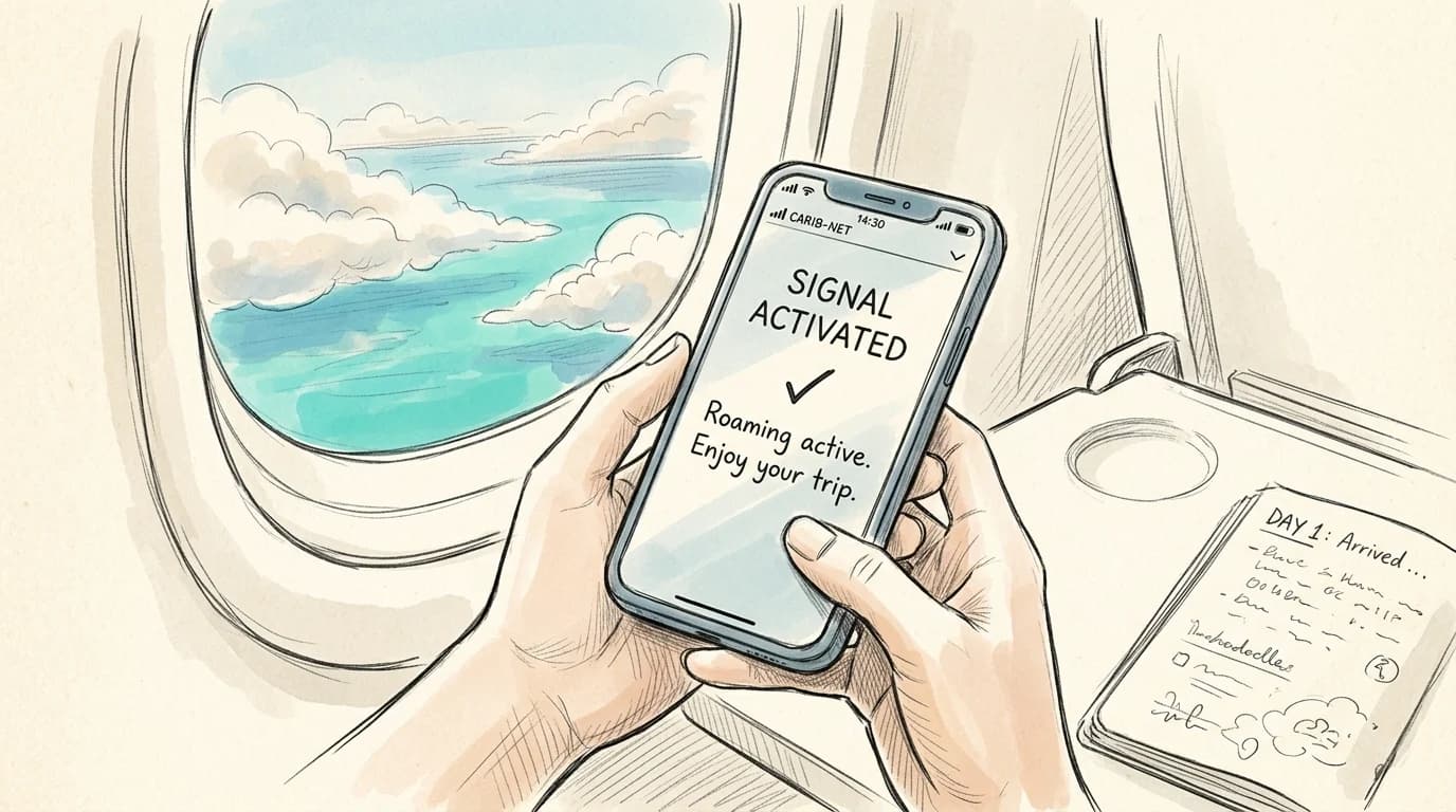 Hands hold a phone showing eSIM activation confirmation above Caribbean clouds from airplane window