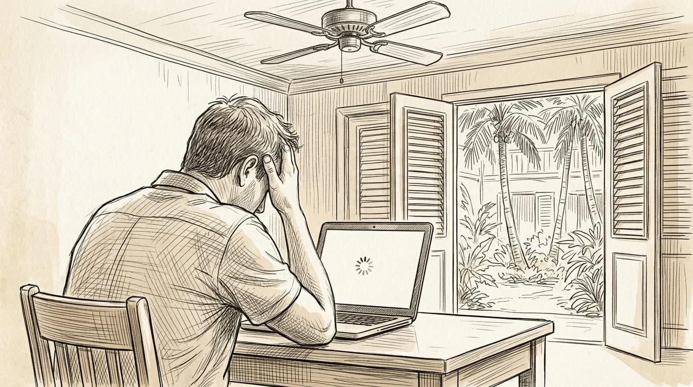 Traveler sits at a Barbados hotel desk with a stalled laptop and open louvred shutters