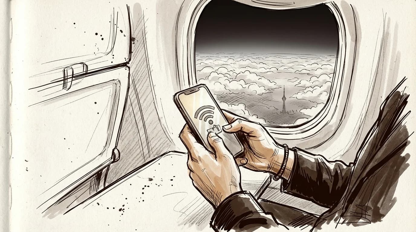 Hands activate an eSIM on a smartphone mid-flight above the Minsk skyline silhouette
