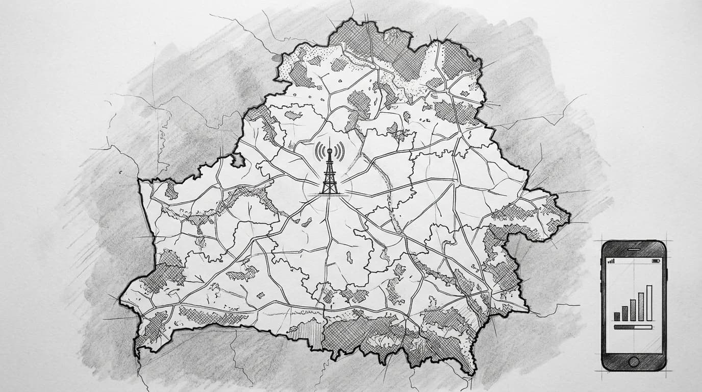 Sketch map of Belarus showing network signal coverage radiating from Minsk across regions