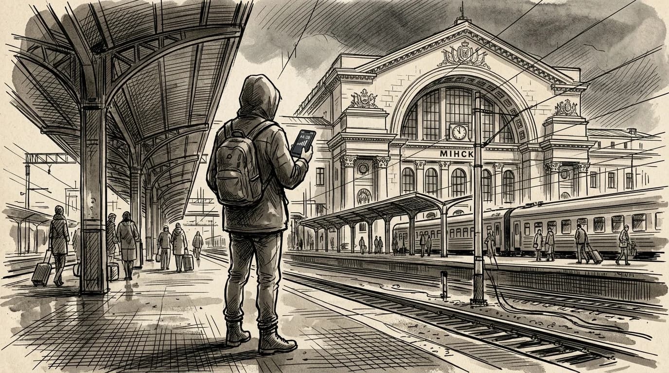 Traveler at Minsk railway station checks phone signal on an overcast afternoon