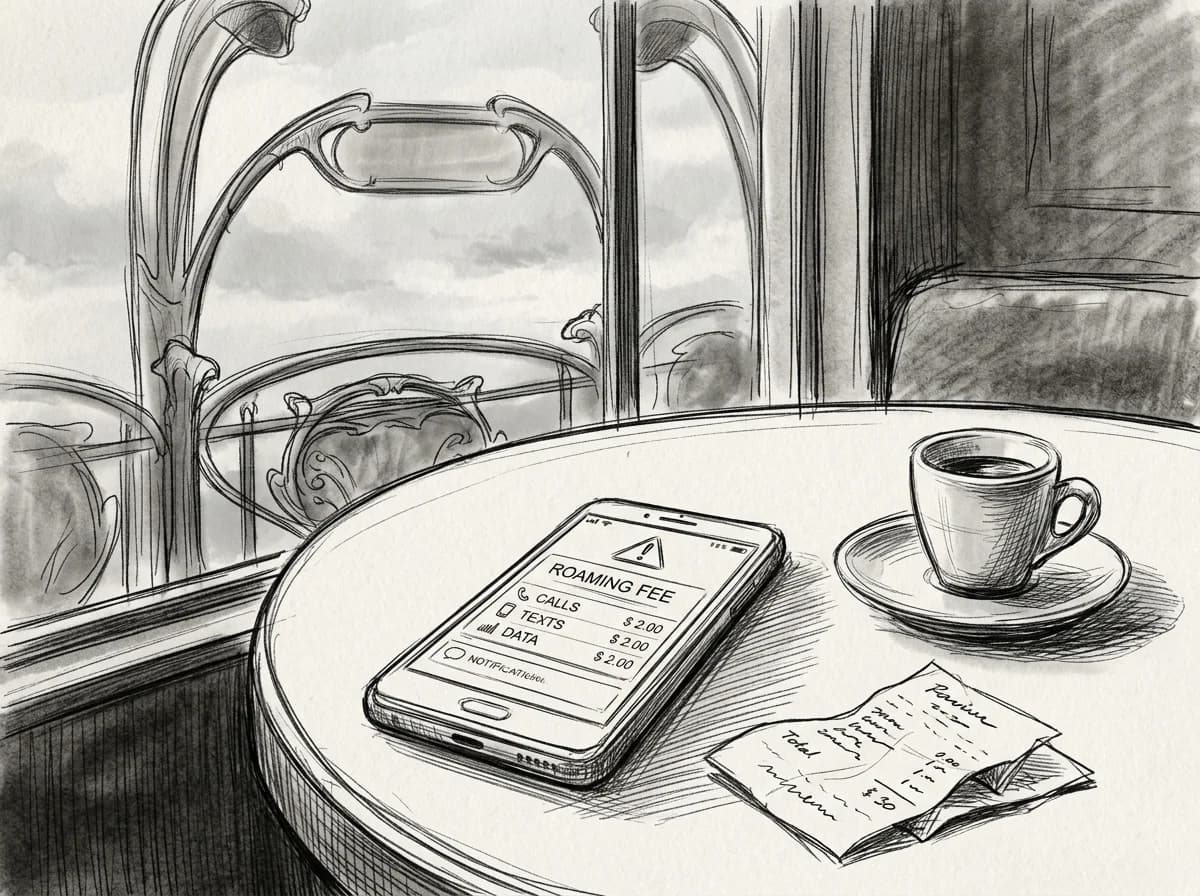 Sketch of a phone showing a roaming charge alert on a Brussels café table