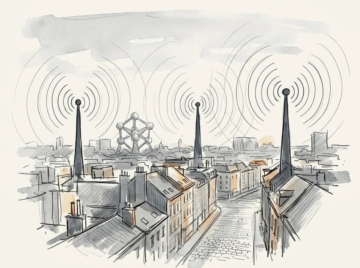 Sketch of three network towers above Brussels skyline with Atomium silhouette in background