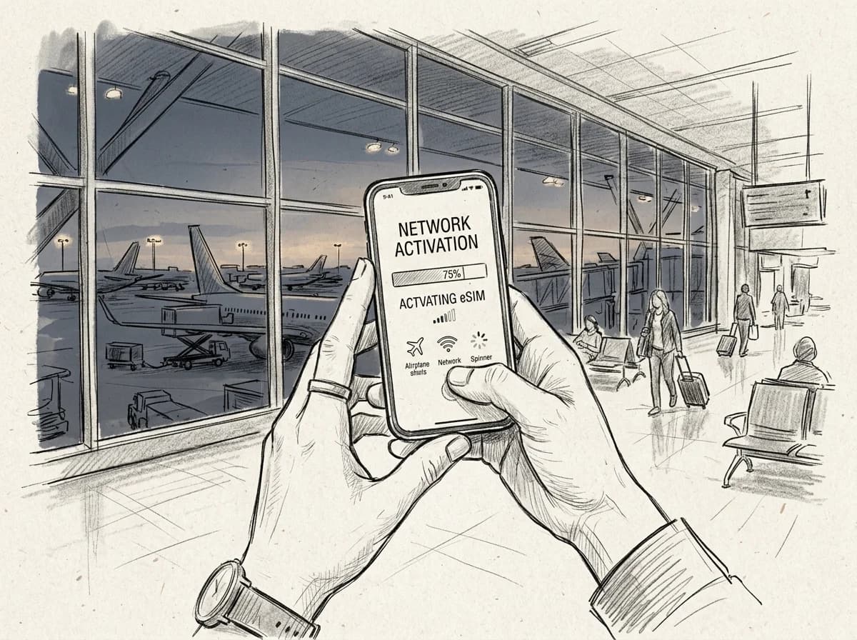Hands hold a smartphone activating an eSIM inside a sunlit airport terminal