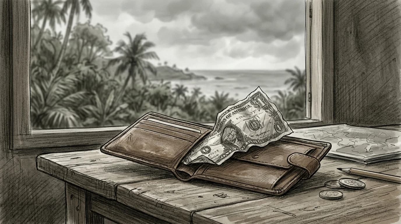 Crumpled roaming charges bill spills from a travel wallet against a Belizean jungle and coast backdrop