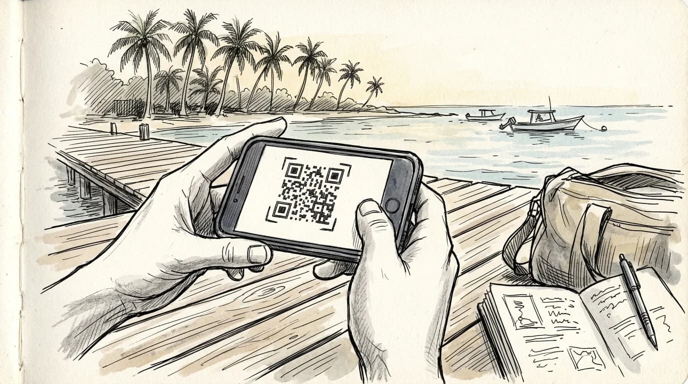 Hands hold a smartphone showing eSIM activation screen on a Belizean coastal dock