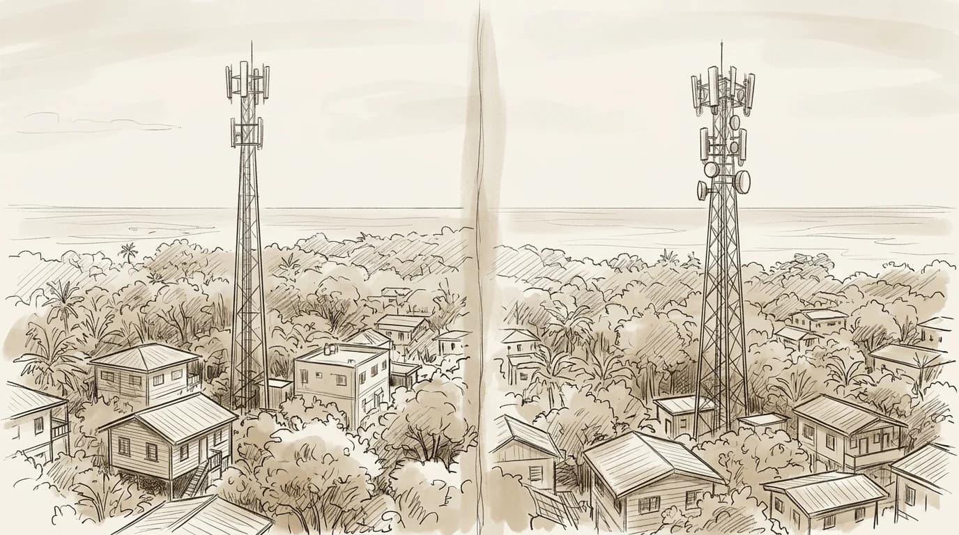 Sketch illustration comparing two mobile network towers above Belize jungle and coastal rooftops