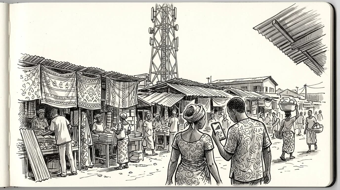 Ink sketch of a cell tower over Cotonou market rooftops with two figures checking phone signal