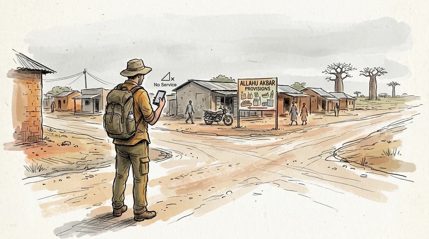 Traveler stands at a remote Beninese crossroads holding a phone showing no signal