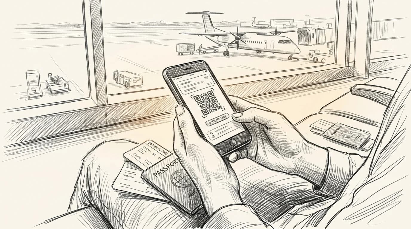 Traveler's hands activate an eSIM on a smartphone at an airport gate before boarding