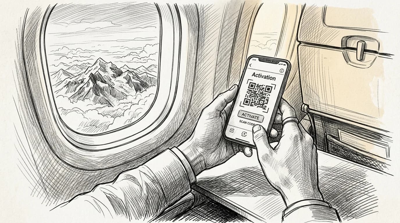 Hands activate an eSIM on a smartphone mid-flight above Andean mountain terrain