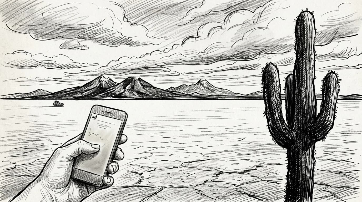 Pencil sketch of Salar de Uyuni salt flat with traveler holding smartphone showing signal bars