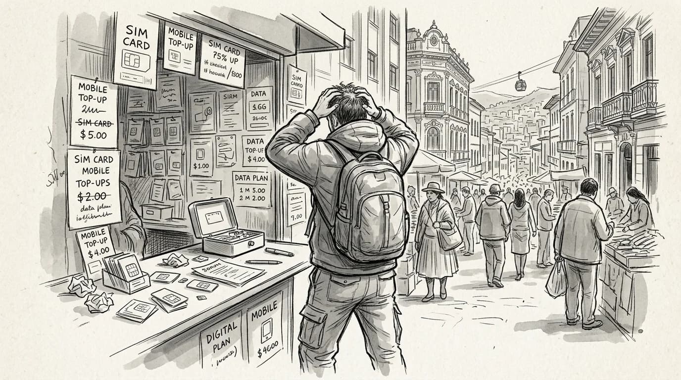 Traveler at a La Paz street kiosk surrounded by SIM card posters and paperwork